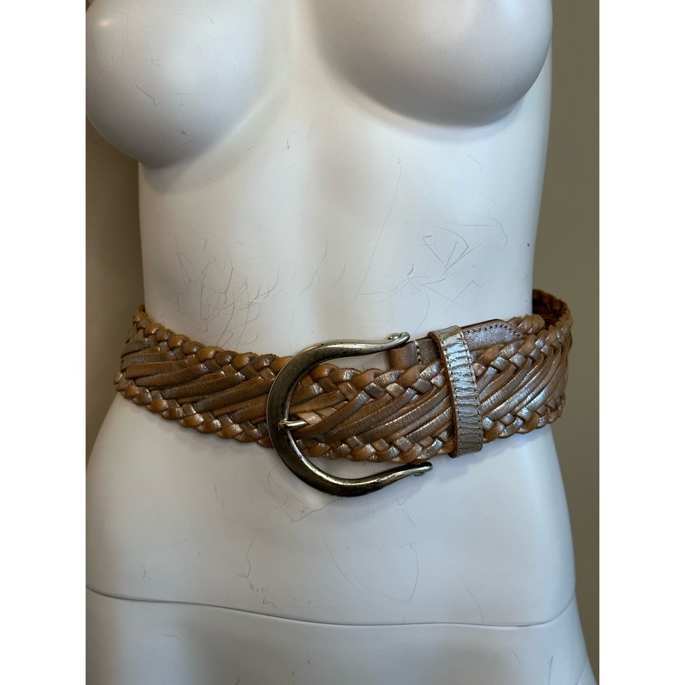 Linea Pelle Tan Silver Gold Metallic Braided Leather Belt sz M 41" - Picture 9 of 11